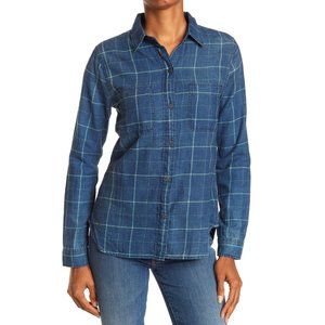 Faherty Windowpane Cotton Shirt Indigo Blue Green Plaid Button-Up Small